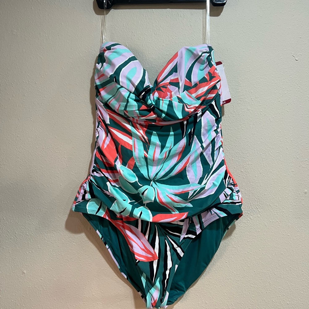 Anne Cole Green Teal Coral Pink Tropical Print One-Piece Swimsuit NWT